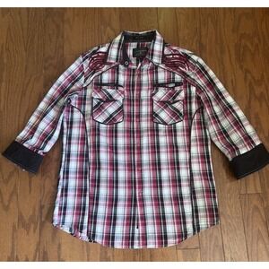 Lamasini Mens S Western Snap Shirt Red Plaid Embroidered Wings Rocker